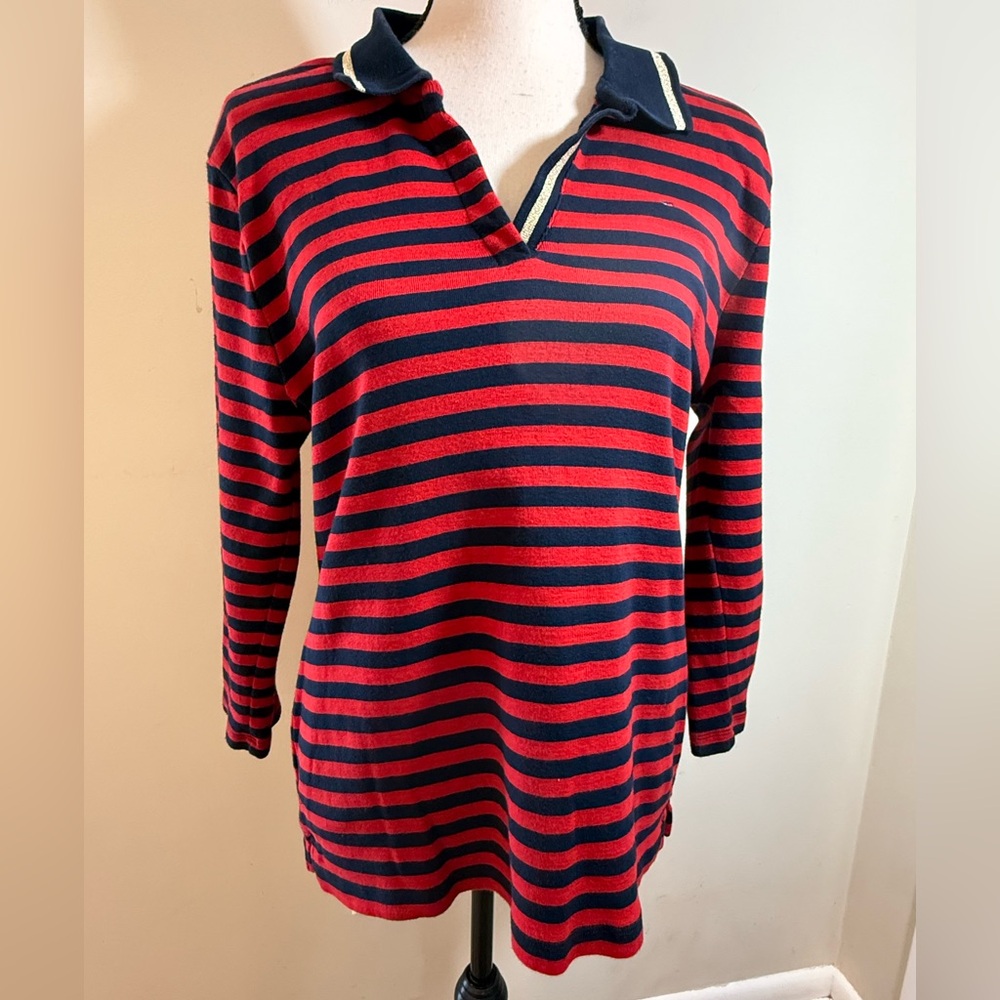 Tommy Hilfiger Henley navy red stripes gold trim SZ LG